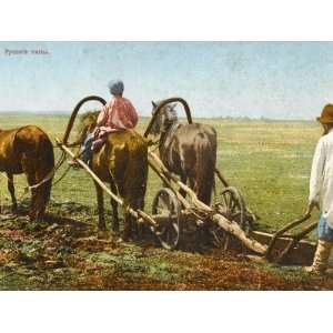  Two Russian Farm Workers in a Field with a Plough Drawn by 