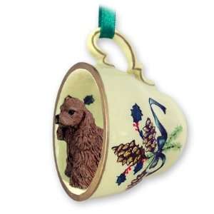   Spaniel Green Holiday Tea Cup Dog Ornament   Brown