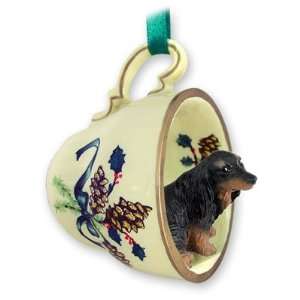  Dachshund Green Holiday Tea Cup Dog Ornament   Longhair 