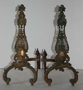   Pair of Cast Brass Fireplace Andirons Beaux Arts Baroque Rococo Patina