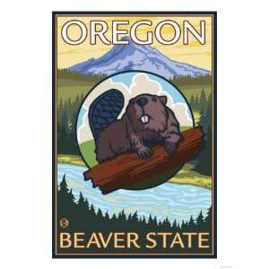   Beaver and Mount Hood Scene Giclee Poster Print, 24x32