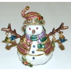  Twig Arm Snowman Bejeweled & Enameled Hinged Trinket Box 