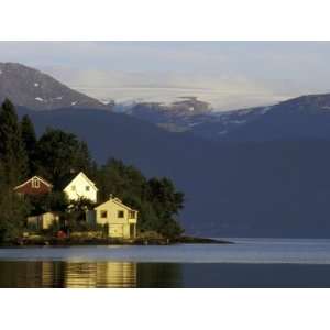 Mountain and Houses Reflecting in Fjord Waters, Norway Photographic 