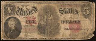 LARGE 1907 $5 DOLLAR BILL UNITED STATES LEGAL TENDER WOOD CHOPPER NOTE 