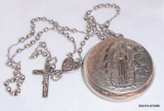 1900s OUR LADY LOCKET BOX RELIQUARY w/ STERLING ROSARY  