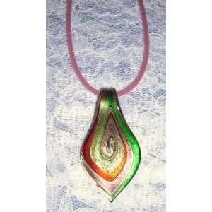Big Beautiful Shimmering Multi Color Swirl Art Glass Pendant Necklace
