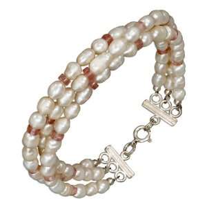  Sterling Silver 8 inch Triple Strand Rose Quartz and Pearl 