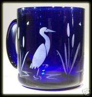 Great Blue Heron Egret Art Coffee Tea Cobalt Glass Mug  