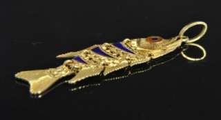   Vtg 18K Gold Blue Enamel Articulated 3D Fish Lure Charm Pendant  