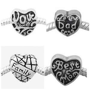  Pack of (4) Four Mom, Dad, Love, Family Charm Spacer Beads 