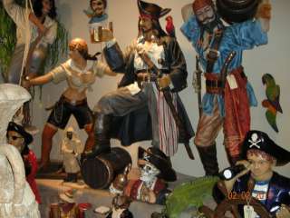 LI FE SIZE STATUE BUCCANEER PIRATE WITH TREASURE CHEST 6FT.  