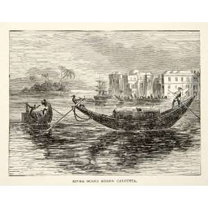  1881 Print Cityscape Boat Scene Hooghly River Kolkata 