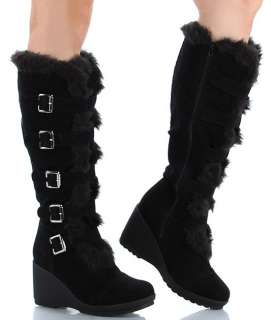 Sexy &Warm Avalon26 Fur Trim Knee High Wedge Heel Boots  