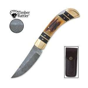  Timber Rattler Damascus Stag Folding Knife Sports 