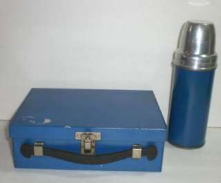   BLUE METAL CHILDS SCHOOL LUNCHBOX WITH LANDERS, FRARY & CLARK THERMOS