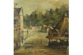 Victorian Antique Yarn Market Dunster Somerset Village Oil Painting 