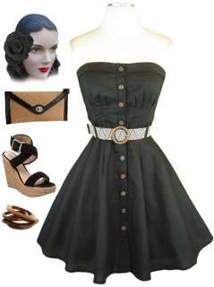 50s Style STRAPLESS Black Linen PINUP Sun Dress w/BUTTONS & Woven Belt 