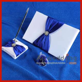 Royal Blue Rhinestone Bowknot Noble Wedding Guest Book Pen Set Elegant 