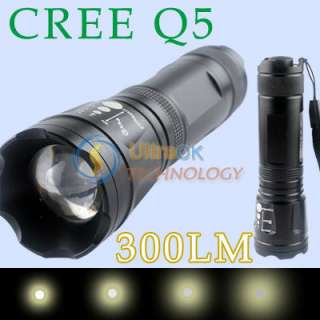New Zoomable Black 300lms CREE Q5 LED Flashlight Torch  