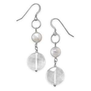 White Coin Pearl and Faceted Quartz Dangle Earrings Sterling Silver