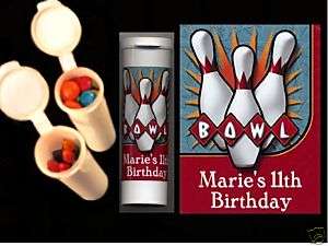 Bowling party favors personalized candy tubes  