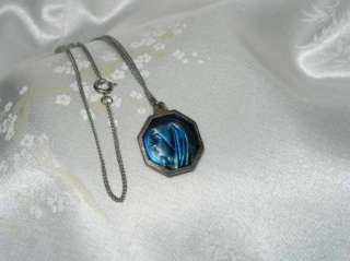 VINTAGE BLESSED MOTHER BLUE GLASS RELIC RELIQUARY PENDANT  