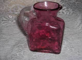 Vintage Hand Blown Art Glass Crystal Cranberry Pitcher Clear Handle 