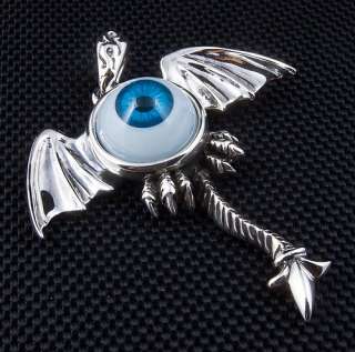 BLUE EYE STERLING SILVER GOTHIC WINGS PENDANT.
