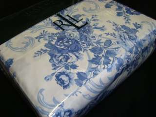   FRENCH COUNTRY BLUE KING SHEET SET 4 PC TOILE FLORAL ROSE WHITE  