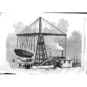  1859 DECK GREAT FLOATING DERRICK LIFTING SHIP WRECK