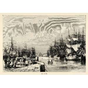 1882 Wood Engraving Art Le Havre France Harbor Ships Maritime Marine 