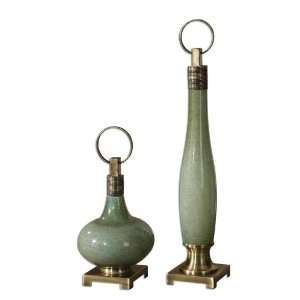   Bottles, S/2 Blue Green Glass With Bronze Highlights And Coffee Bronze