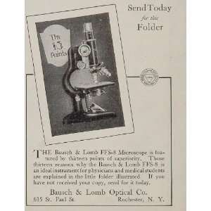 1926 Ad Bausch & Lomb Optical FFS 8 Microscope Medical   Original 