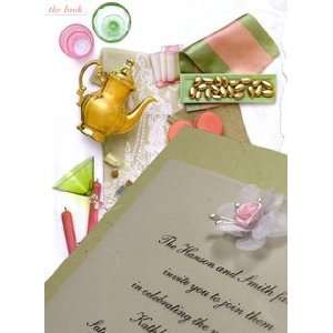 Wedding Invitations Kit Willow Green with Pink Rose, Tulle & Pearl 