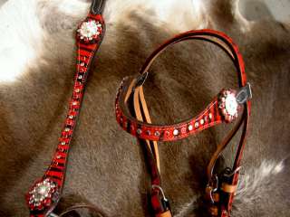 SET BRIDLE BREAST COLLAR WESTERN LEATHER HEADSTALL RED ZEBRA SILVER 