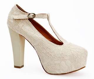 Ivory Lace Covered Wedding Wedge T Strap Platform High Heel Women 