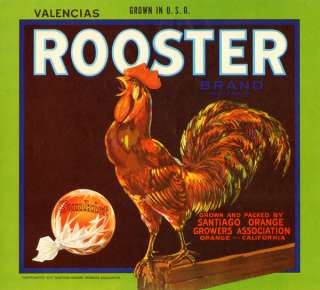 Rooster Vintage Orange Crate Label Orange, CA Sunkist  