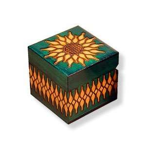 Wooden Box, 5276, Handcrafted Keepsake Box, Green Cube with Sunflower 