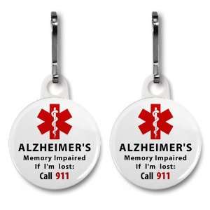 ALZHEIMERS Memory Impaired Call 911 Alert 2 Pack 1 inch White Zipper 
