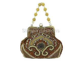 Brown Gold Beaded Sequins Imaginative Peacock Purse Handbag EB 021359