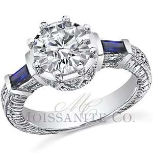 Round Moissanite & Blue Sapphire Antique Engagement Ring 2.25ctw 