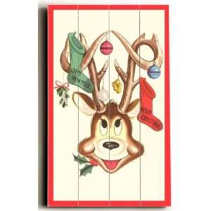  Wood Sign Merry Christmas, Stockings in Cartoon Deers 