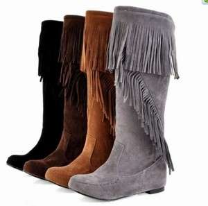 NEW Womens Faux Suede Fringe Flat Mid Calf Boots Shoes Y#10  