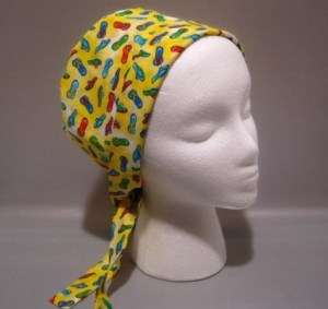FLIP FLOPS ON YELLOW banded chemo pixie surgical scrub hat  