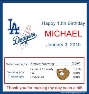 LA DODGERS BIRTHDAY PARTY CANDY BAR WRAPPERS FAVORS  