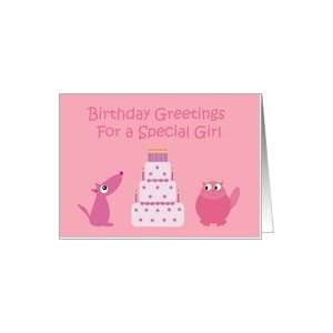  Cute cat, dog & cake pink Birthday card for a young girl 
