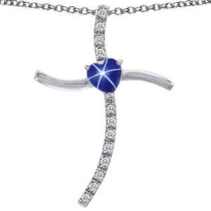   Sterling Silver Lab Created Heart Shape Star Sapphire Cross Pendant