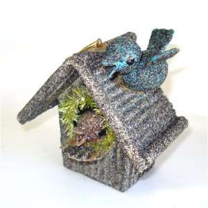 1950s Large Mica Cardboard Birdhouse Christmas Ornament  