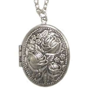  7/8 X 1 1/8 Oval Rose Repousse Locket On 30 Chain In 