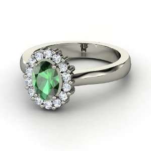 Princess Kate Ring, Oval Emerald 14K White Gold Ring with Diamond